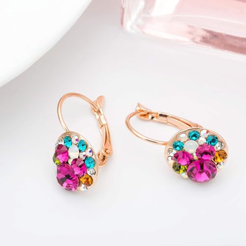 EVEVIC Multicolored Austrian Crystal Drop Earrings for Women 14K Gold Plated Leverback Dangle Hoop Earrings (Rose Main Crystal/Rose Gold-tone) - Image 5