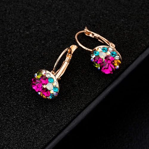 EVEVIC Multicolored Austrian Crystal Drop Earrings for Women 14K Gold Plated Leverback Dangle Hoop Earrings (Rose Main Crystal/Rose Gold-tone) - Image 3