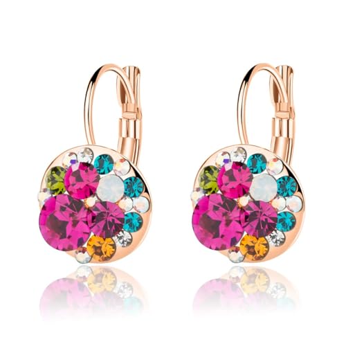 EVEVIC Multicolored Austrian Crystal Drop Earrings for Women 14K Gold Plated Leverback Dangle Hoop Earrings (Rose Main Crystal/Rose Gold-tone) - Image 1
