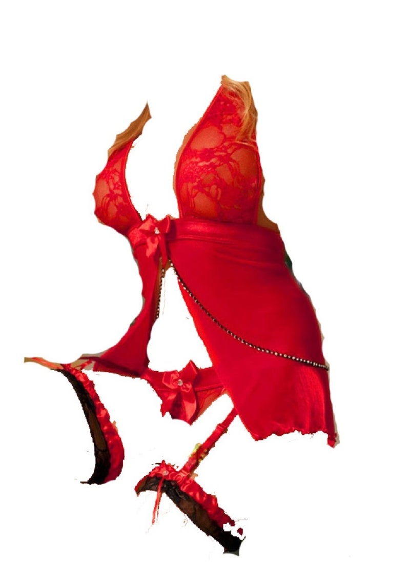 Generic Women Floral Embroidery Mesh Split Cut Out Babydoll Lingerie Slip Dress With Garter And Thong.  - Image 1