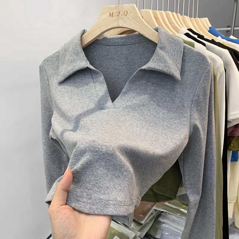 Polo Shirt Design Niche V-neck Collarbone Long Sleeve T-shirt Womens Autumn New Top Slim-fit Solid Color Base Gray [chao feel pit fabric]