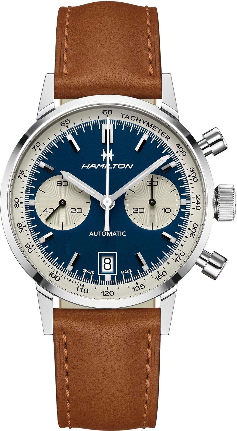 Hamilton Watch American Classic Intra-Matic Auto Chrono | Swiss Made | 40mm Stainless Steel Case | Blue Dial Analog Watch | Brown Leather Strap (Model: H38416541) - Image 1