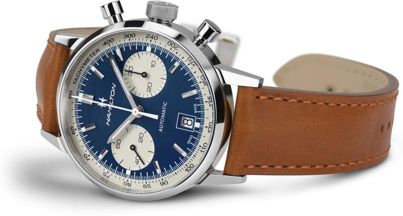 Hamilton Watch American Classic Intra-Matic Auto Chrono | Swiss Made | 40mm Stainless Steel Case | Blue Dial Analog Watch | Brown Leather Strap (Model: H38416541) - Image 3