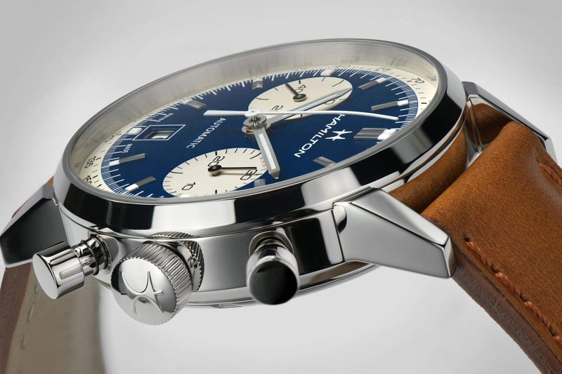 Hamilton Watch American Classic Intra-Matic Auto Chrono | Swiss Made | 40mm Stainless Steel Case | Blue Dial Analog Watch | Brown Leather Strap (Model: H38416541) - Image 4
