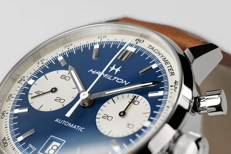 Hamilton Watch American Classic Intra-Matic Auto Chrono | Swiss Made | 40mm Stainless Steel Case | Blue Dial Analog Watch | Brown Leather Strap (Model: H38416541) - Image 2