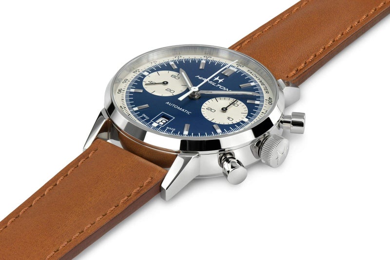 Hamilton Watch American Classic Intra-Matic Auto Chrono | Swiss Made | 40mm Stainless Steel Case | Blue Dial Analog Watch | Brown Leather Strap (Model: H38416541) - Image 5