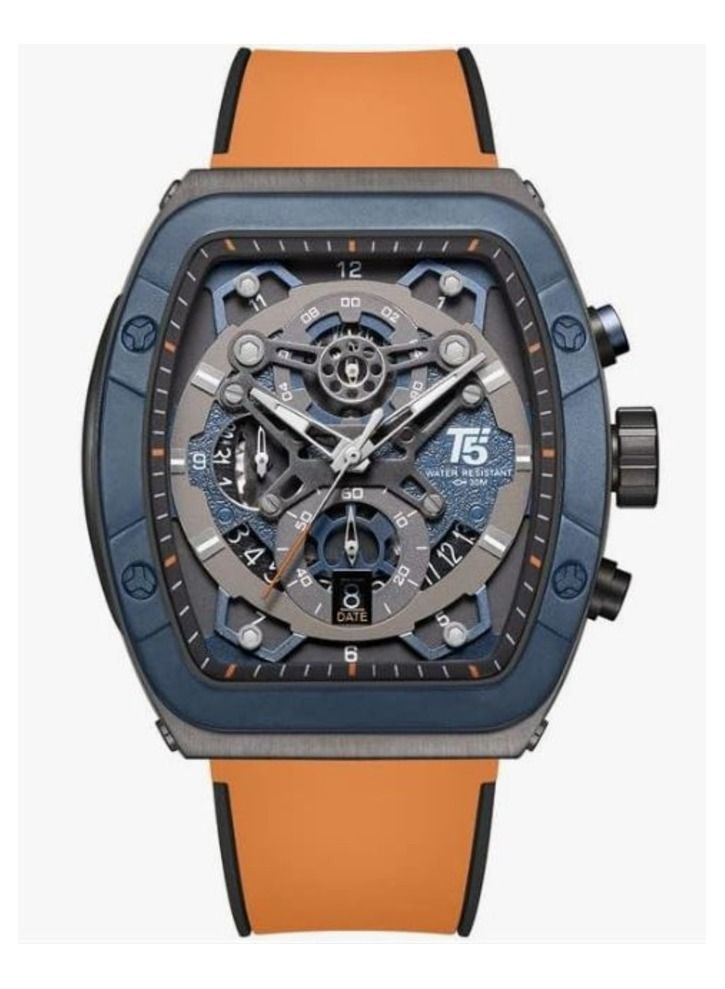 T5 Men's Orange and Blue Chronograph Silicone Strap Watch - Image 1