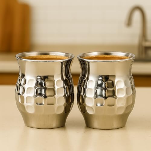 STEEPLE Double Wall Stainless Steel Coffee Cups Set of 2 | 170 ml Insulated Coffee Mug | Hammered Steel Tea Cup Chai Glass Milk Juice Water Kulhad | Premium Drinking Cups for Home & Office Desk - Image 1