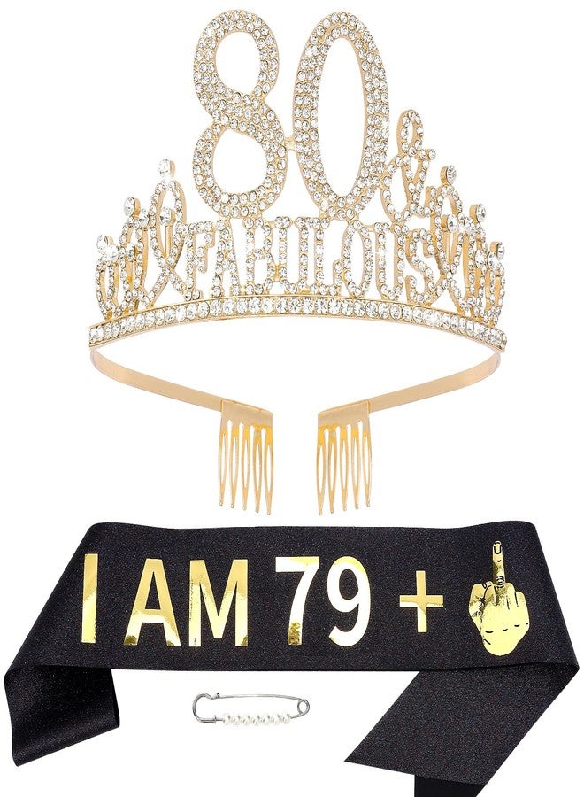 Hapdoo 80th Birthday Decorations for Women, 80th Birthday Gifts Sash and Crown for Her Set, Happy 80 & Fabulous Party Supplies for Women, Black Gold - Image 1