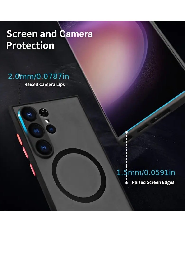 Samsung Galaxy S23 Ultra Translucent Matte Back Phone Case with Magnetic Suction Drop-proof Mobile Back Cover, Magnetic Case Compatible with Magsafe Wireless Charger with Camera Rise Protection Frame