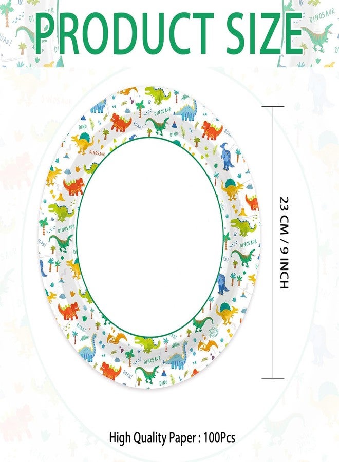 Grencian 100 Pcs Kids Dinosaur Plates Dinosaur-Themed Disposable Heavy Duty Paper Plates 9" Round Large Dino Plate for Boys Kids Dino Lovers Birthday Baby Shower BBQ Graduation Party Decor - Image 3