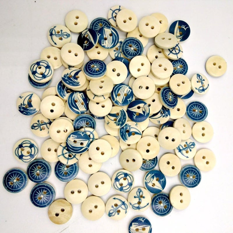 100 Pieces Assorted Nautical Wooden 2 Holes Buttons for Sewing Crafts Scrapbooking 25mm - Image 4