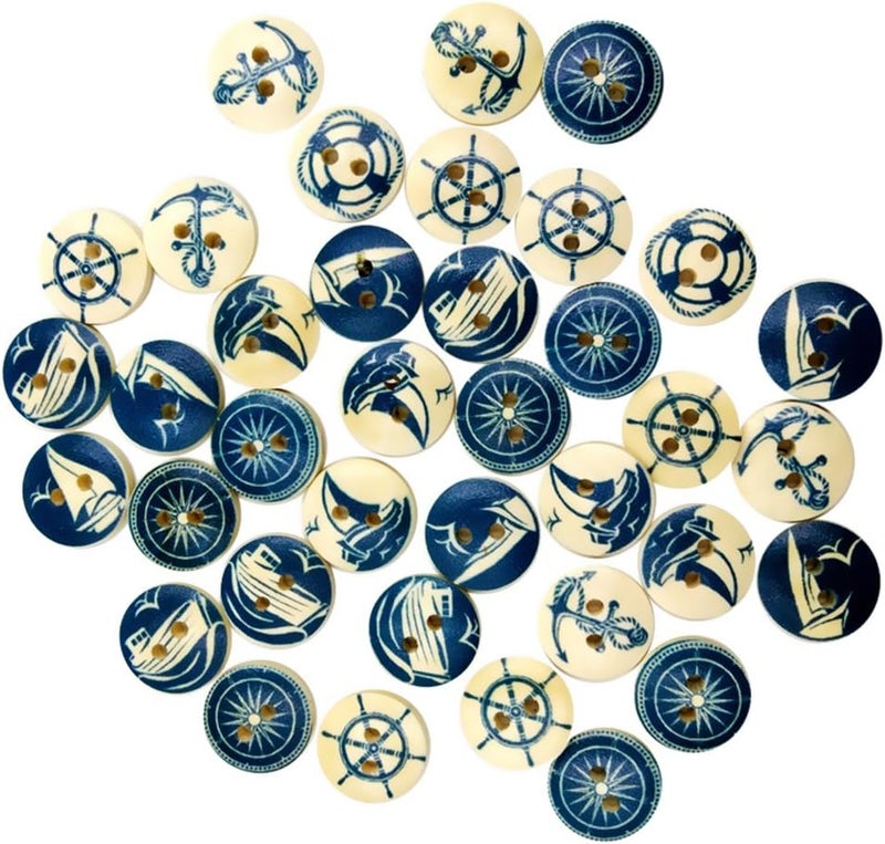 100 Pieces Assorted Nautical Wooden 2 Holes Buttons for Sewing Crafts Scrapbooking 25mm - Image 5