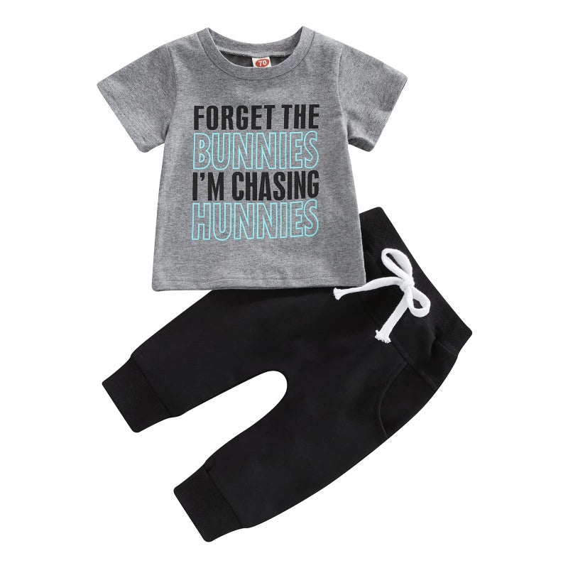 Gureui Toddler Baby Boy Easter Outfit 18-24 Months Forget the Bunnies I'm Chasing Hunnies Crewneck Short Sleeve T-Shirt Top Pants Summer Clothes - Image 1