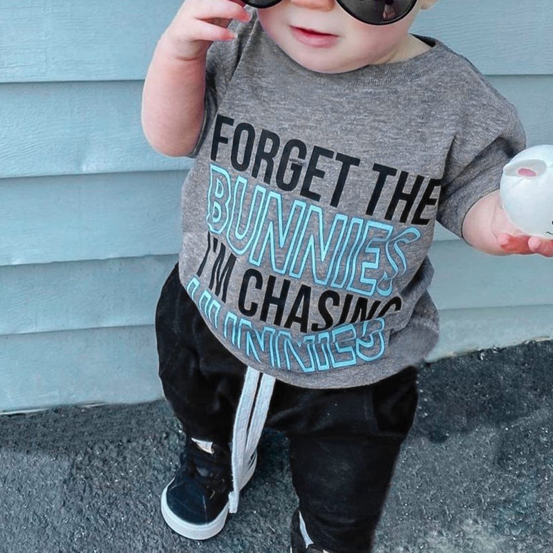 Gureui Toddler Baby Boy Easter Outfit 18-24 Months Forget the Bunnies I'm Chasing Hunnies Crewneck Short Sleeve T-Shirt Top Pants Summer Clothes - Image 2