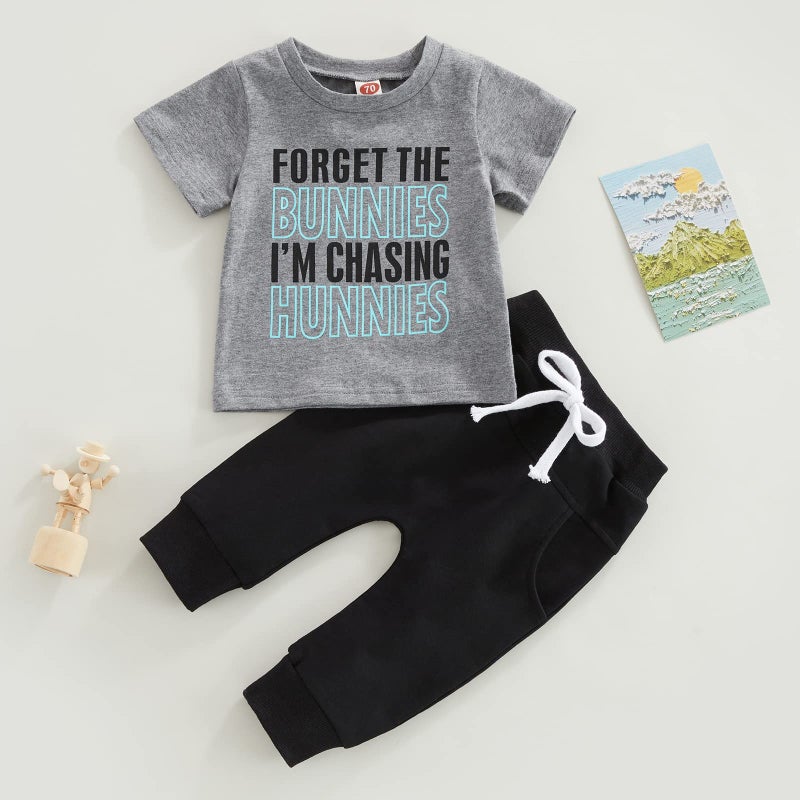 Gureui Toddler Baby Boy Easter Outfit 18-24 Months Forget the Bunnies I'm Chasing Hunnies Crewneck Short Sleeve T-Shirt Top Pants Summer Clothes - Image 3
