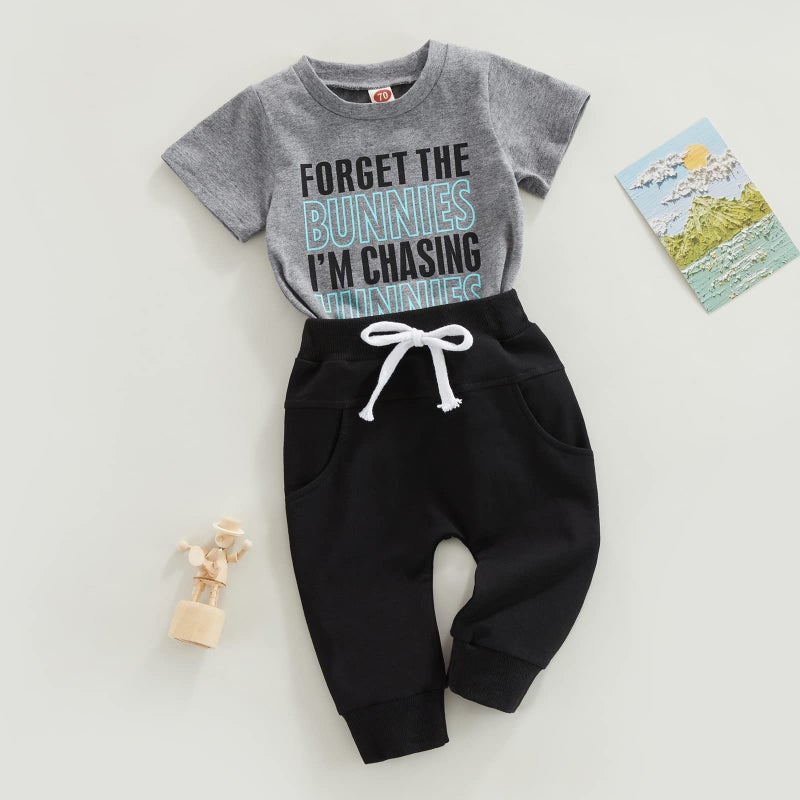 Gureui Toddler Baby Boy Easter Outfit 18-24 Months Forget the Bunnies I'm Chasing Hunnies Crewneck Short Sleeve T-Shirt Top Pants Summer Clothes - Image 4