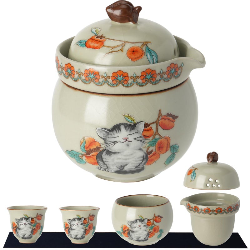 Foinly Mini Tea Cups,Cute Lucky Cat Cups,Small Tea Mugs,Porcelain Gongfu Tea set with 3 in 1,Tea Sets for Adults,Ceramic Tea Infuser Cup for Loose Leaf for Women/Tea Lovers/Birthday/Valentine's Day (Green) - Image 1