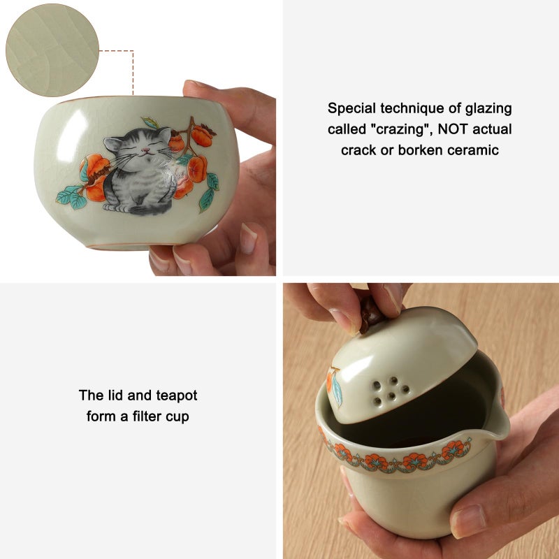 Foinly Mini Tea Cups,Cute Lucky Cat Cups,Small Tea Mugs,Porcelain Gongfu Tea set with 3 in 1,Tea Sets for Adults,Ceramic Tea Infuser Cup for Loose Leaf for Women/Tea Lovers/Birthday/Valentine's Day (Green) - Image 5