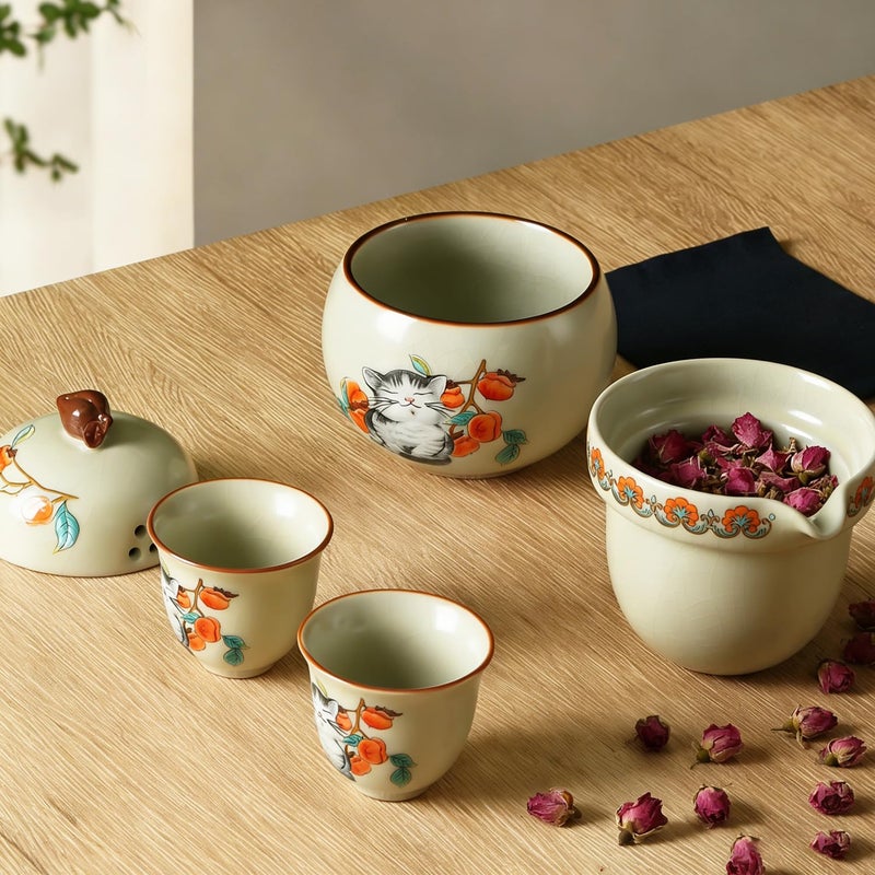 Foinly Mini Tea Cups,Cute Lucky Cat Cups,Small Tea Mugs,Porcelain Gongfu Tea set with 3 in 1,Tea Sets for Adults,Ceramic Tea Infuser Cup for Loose Leaf for Women/Tea Lovers/Birthday/Valentine's Day (Green) - Image 3