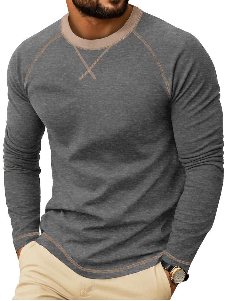 Askdeer Mens Cotton Shirts Long Sleeve Casual T-Shirts Crew Neck Soft Shirts Dark Gray - Image 1