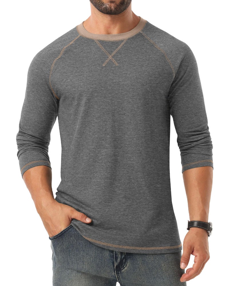Askdeer Mens Cotton Shirts Long Sleeve Casual T-Shirts Crew Neck Soft Shirts Dark Gray - Image 2