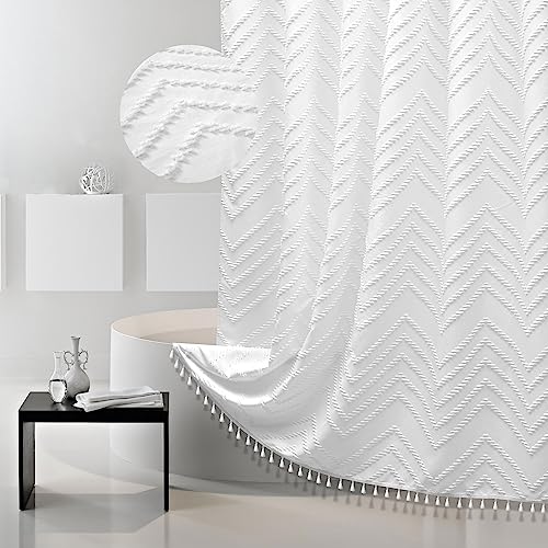 Boho Curtain with Tassel Woven Fabric White Extra Long 78 L x 72 W Modern Chic Textured Tufted Chevron Striped Minimalist Bathroom Shower Curtain