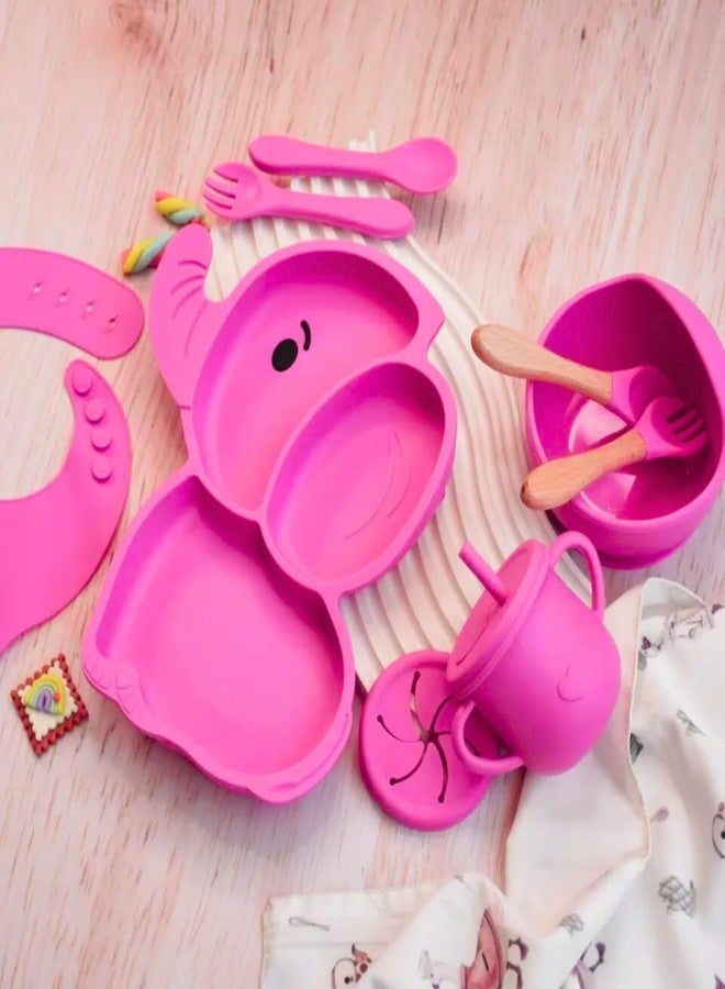 Royalkart 9 in 1 Silicone Baby Feeding Set | Dinnerware for Kids | BPA-Free, Microwave Safe | Suction Plate, Bowl, Spoon, Fork, Cup & Bib | Soft Tableware Kit for Babies & Toddlers,(Elephant Shape-Pink). - Image 2