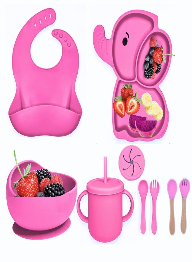 Royalkart 9 in 1 Silicone Baby Feeding Set | Dinnerware for Kids | BPA-Free, Microwave Safe | Suction Plate, Bowl, Spoon, Fork, Cup & Bib | Soft Tableware Kit for Babies & Toddlers,(Elephant Shape-Pink). - Image 1