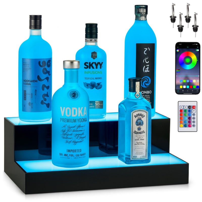 Boss PremiumÂ® BarUSAâ„¢ LED Lighted Bar Shelf Display Liquor Bottle Alcohol Whiskey Shelves Rack Stand Tray Units for Home Bar Living Room Accessories and Decor - Designed in USA (2-Step, 16 Inch) - Image 1