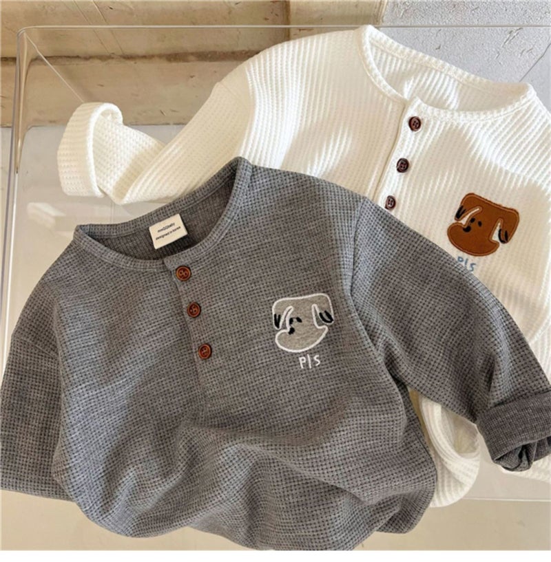 New Children'S T-Shirt Round Collar Fashionable Sweater Spring Boys' Waffles Embroidered Small And Medium-Sized Children'S Long-Sleeved Base Shirt Top T - Image 1