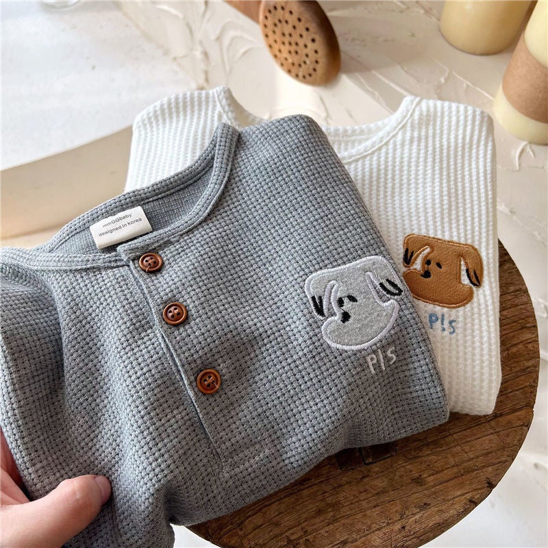 New Children'S T-Shirt Round Collar Fashionable Sweater Spring Boys' Waffles Embroidered Small And Medium-Sized Children'S Long-Sleeved Base Shirt Top T - Image 2