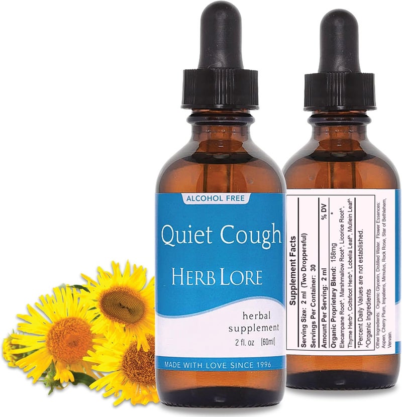 Herb Lore Quiet Cough Tincture - Mullein Cough Syrup for Adults & Kids - Natural Lung Support & Cough Drops with Mullein Leaf, Elecampane & More - Soothes Dry & Productive Coughs - 2 fl oz