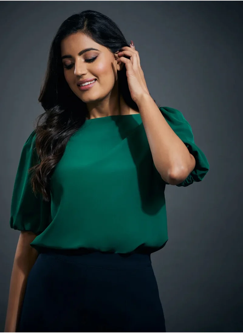 Zigzag Wide neck Solid chiffons formal top- Green