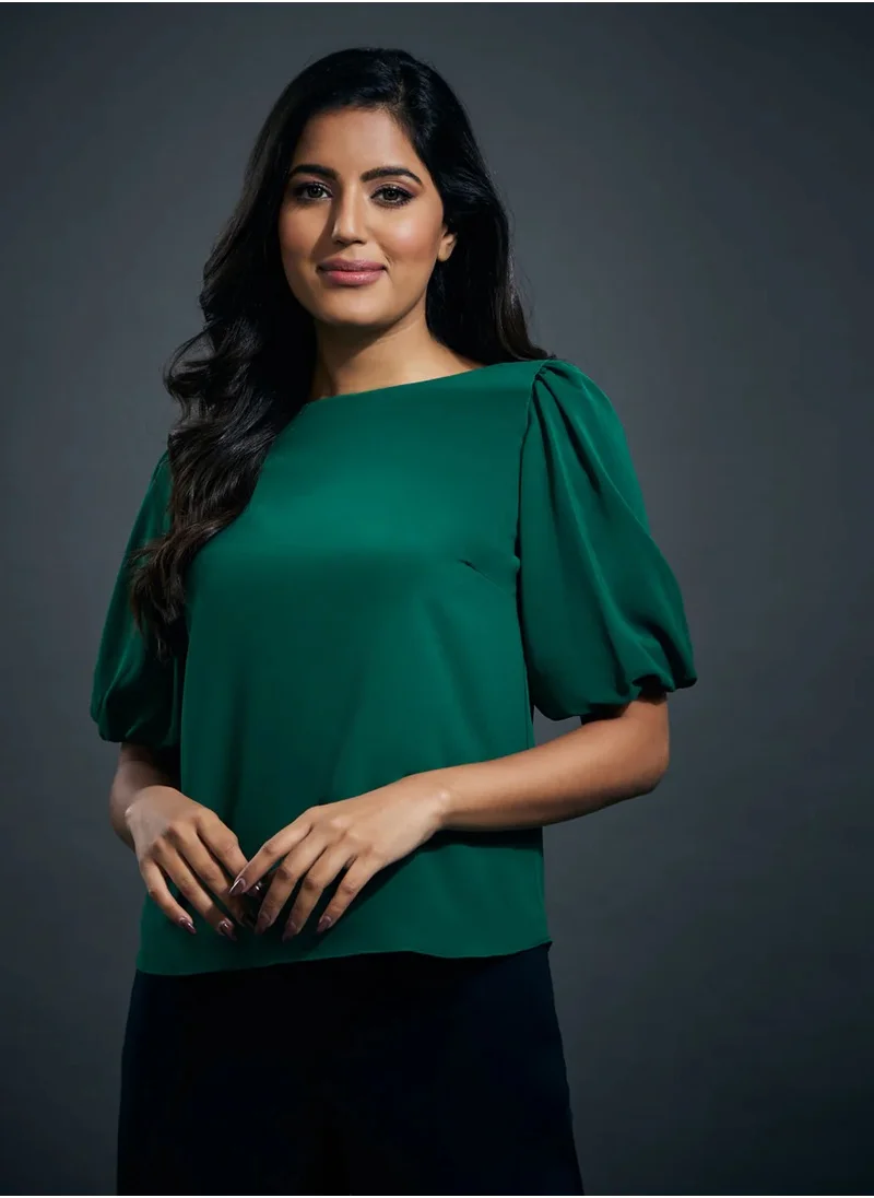 Zigzag Wide neck Solid chiffons formal top- Green