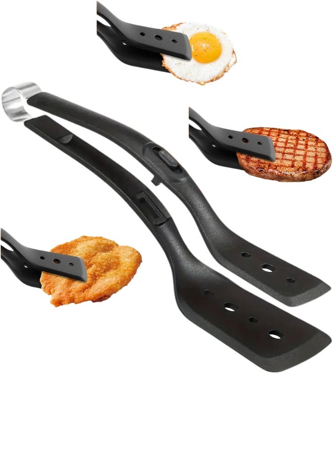 معلقة عريضة للبيض 2 في 1، ومساكة قابلة للقلب من السيلكون، معلقة مسطحة مزدوجة الجوانب، مجرفة مطبخ متعددة الاغراض غير لاصقة للخبز الاسماك الفطيرة الكيك والتوست - أسود - Image 1