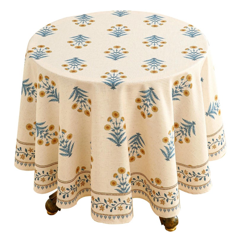 Isaenne Designer French Pale Yellow Round Tablecloth Linen Floral Table Cloth Wrinkle Resistant Decor Tablecloths For Dining Thanksgiving Banquet Kitchen Party Diameter 67""-Estevan A - Image 1