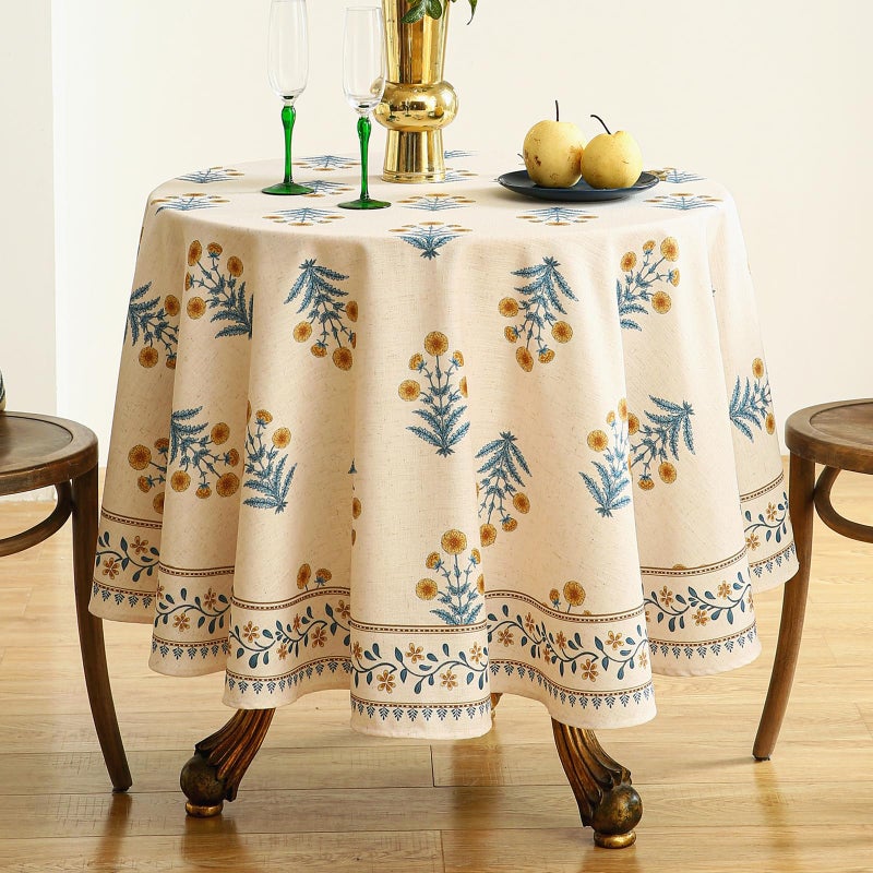 Isaenne Designer French Pale Yellow Round Tablecloth Linen Floral Table Cloth Wrinkle Resistant Decor Tablecloths For Dining Thanksgiving Banquet Kitchen Party Diameter 67""-Estevan A - Image 2
