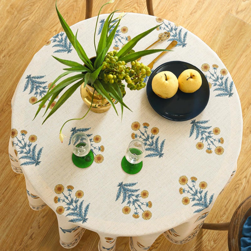 Isaenne Designer French Pale Yellow Round Tablecloth Linen Floral Table Cloth Wrinkle Resistant Decor Tablecloths For Dining Thanksgiving Banquet Kitchen Party Diameter 67""-Estevan A - Image 3