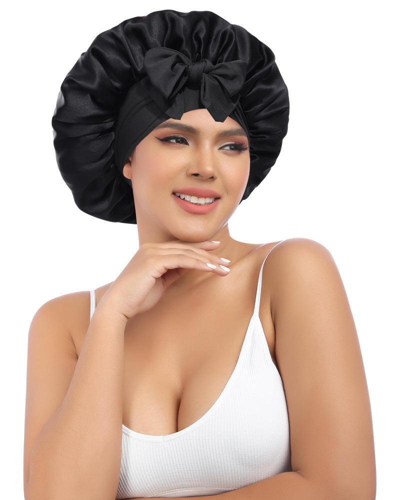 AWAYTR Silk Bonnet for Sleeping Women 100 Mulberry Silk Hair Bonnet with Band 2 Layer Reversible Sleeping Hair Wrap Black 7 38 - Image 2