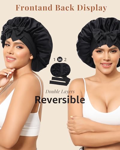 AWAYTR Silk Bonnet for Sleeping Women 100 Mulberry Silk Hair Bonnet with Band 2 Layer Reversible Sleeping Hair Wrap Black 7 38 - Image 3
