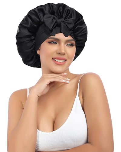 AWAYTR Silk Bonnet for Sleeping Women 100 Mulberry Silk Hair Bonnet with Band 2 Layer Reversible Sleeping Hair Wrap Black 7 38 - Image 1