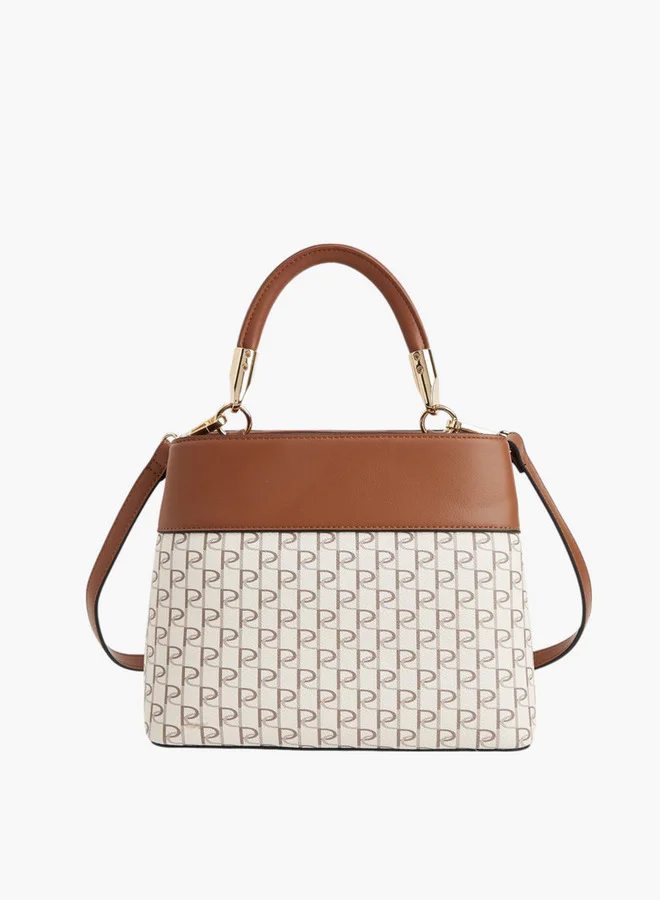 Paprika Women Monogram Print Tote Bag with Detachable Strap and Zip Closure