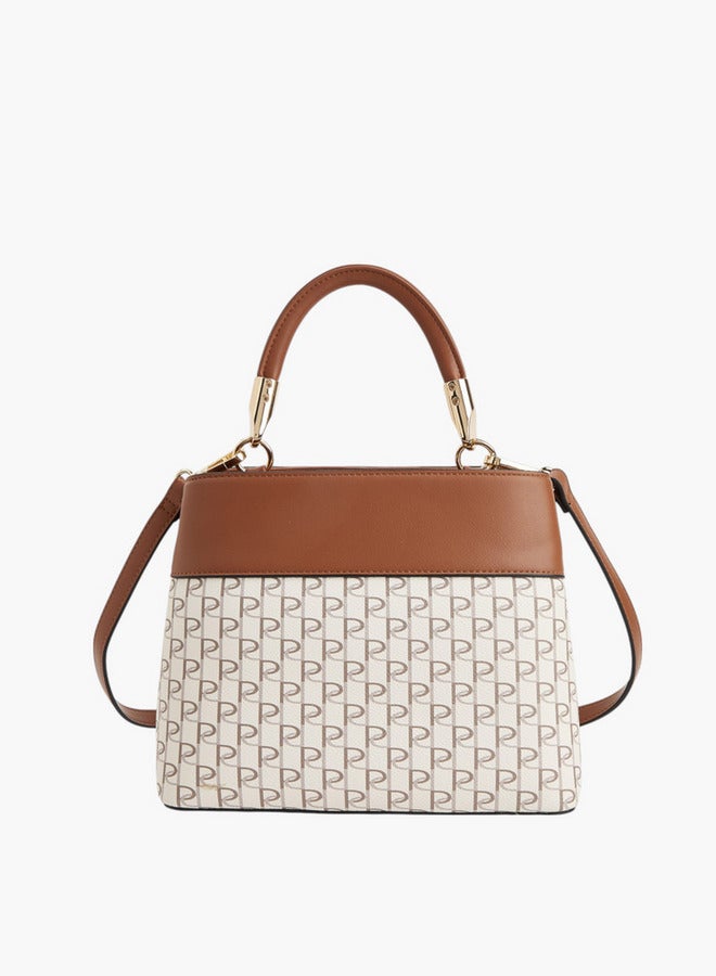 Paprika Women Monogram Print Tote Bag with Detachable Strap and Zip Closure  - Image 2