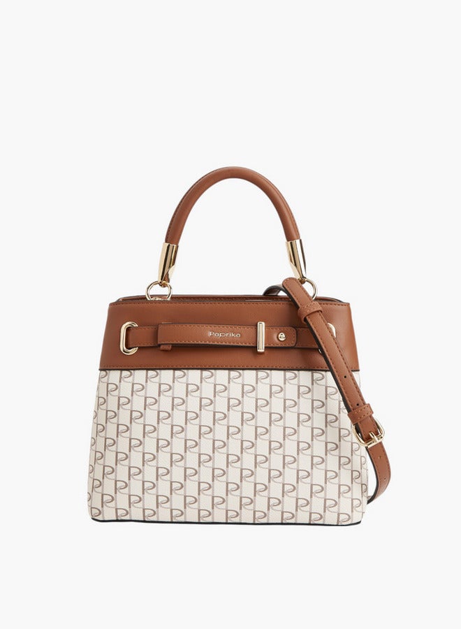 Paprika Women Monogram Print Tote Bag with Detachable Strap and Zip Closure  - Image 1