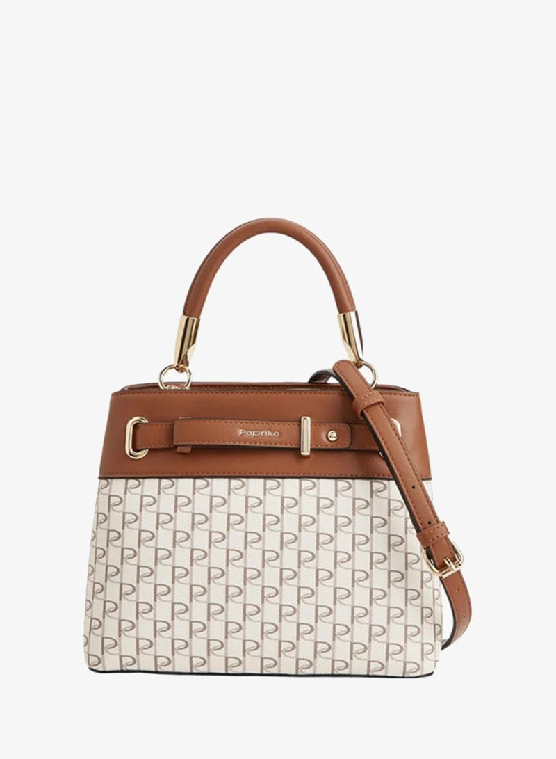 Women Monogram Print Tote Bag with Detachable Strap and Zip Closure