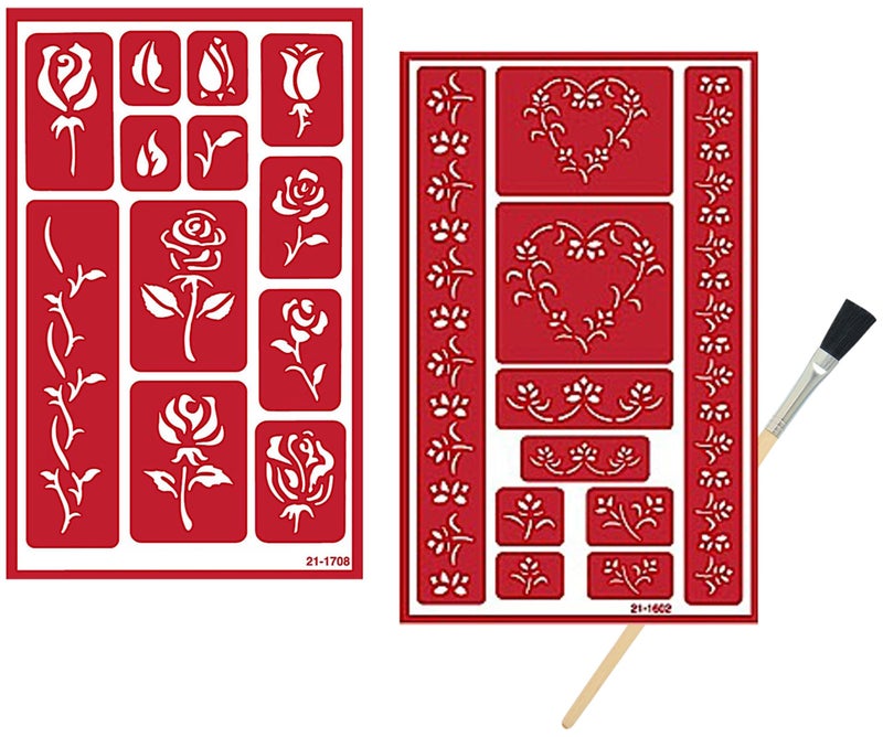 2 Reusable Glass Etching Stencils  Rose and Hearts Themed Etch Stencil  Wedding Romantic Love Floral Heart Roses Theme Design  Set Includes Brush
