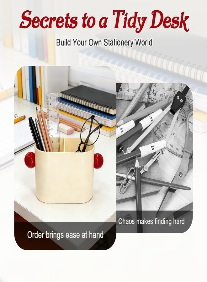 MOASIOP PS Material Desk Pencil Holder with 2 Compartments, Beige Multifunctional Pen Cup & Organizer for Office Desk, School, Home | Desktop Stationery Caddy for Pens, Pencils, Small Accessories (Beige) - Image 3
