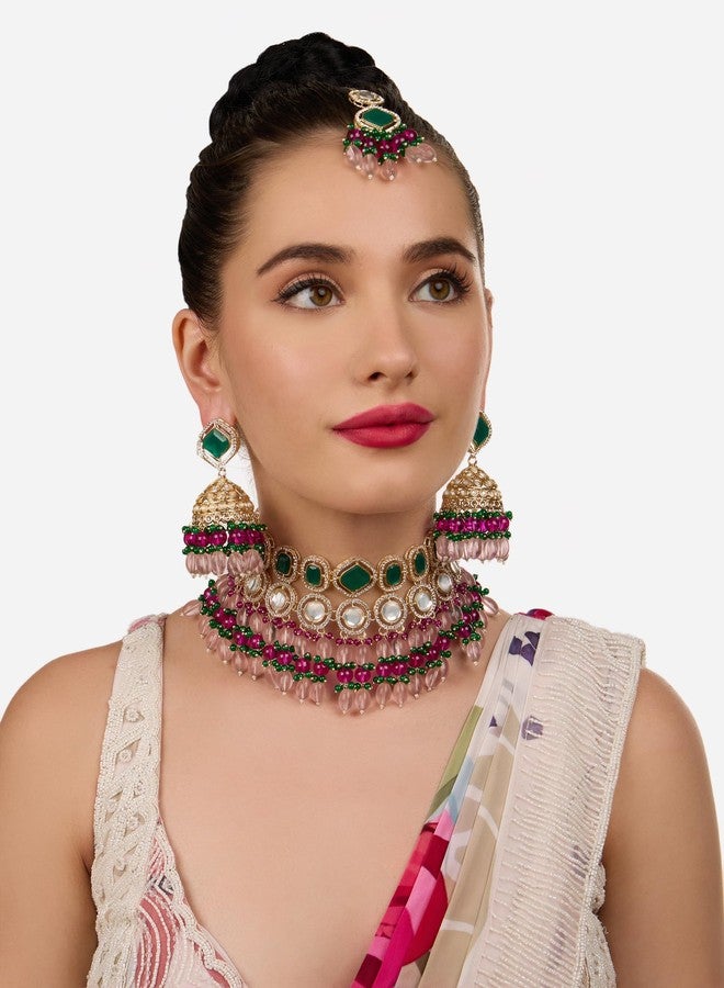 Zaveri Pearls طقم عقد تشوكر وأقراط ومانغ تيكا من اللؤلؤ الوردي والأخضر والخرز والماس النمساوي من زافيري للنساء - ZPFK18237 - Image 3