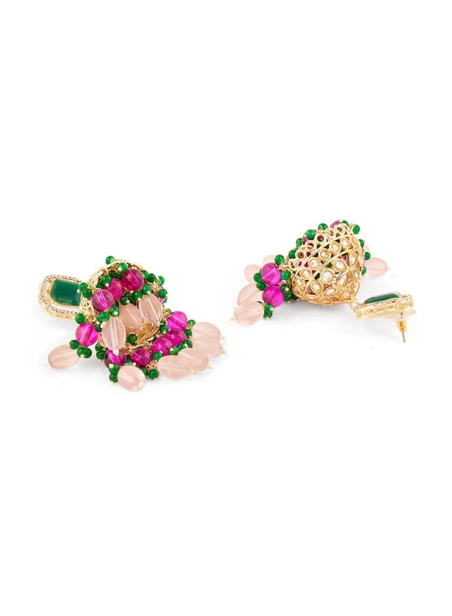 Zaveri Pearls طقم عقد تشوكر وأقراط ومانغ تيكا من اللؤلؤ الوردي والأخضر والخرز والماس النمساوي من زافيري للنساء - ZPFK18237 - Image 5